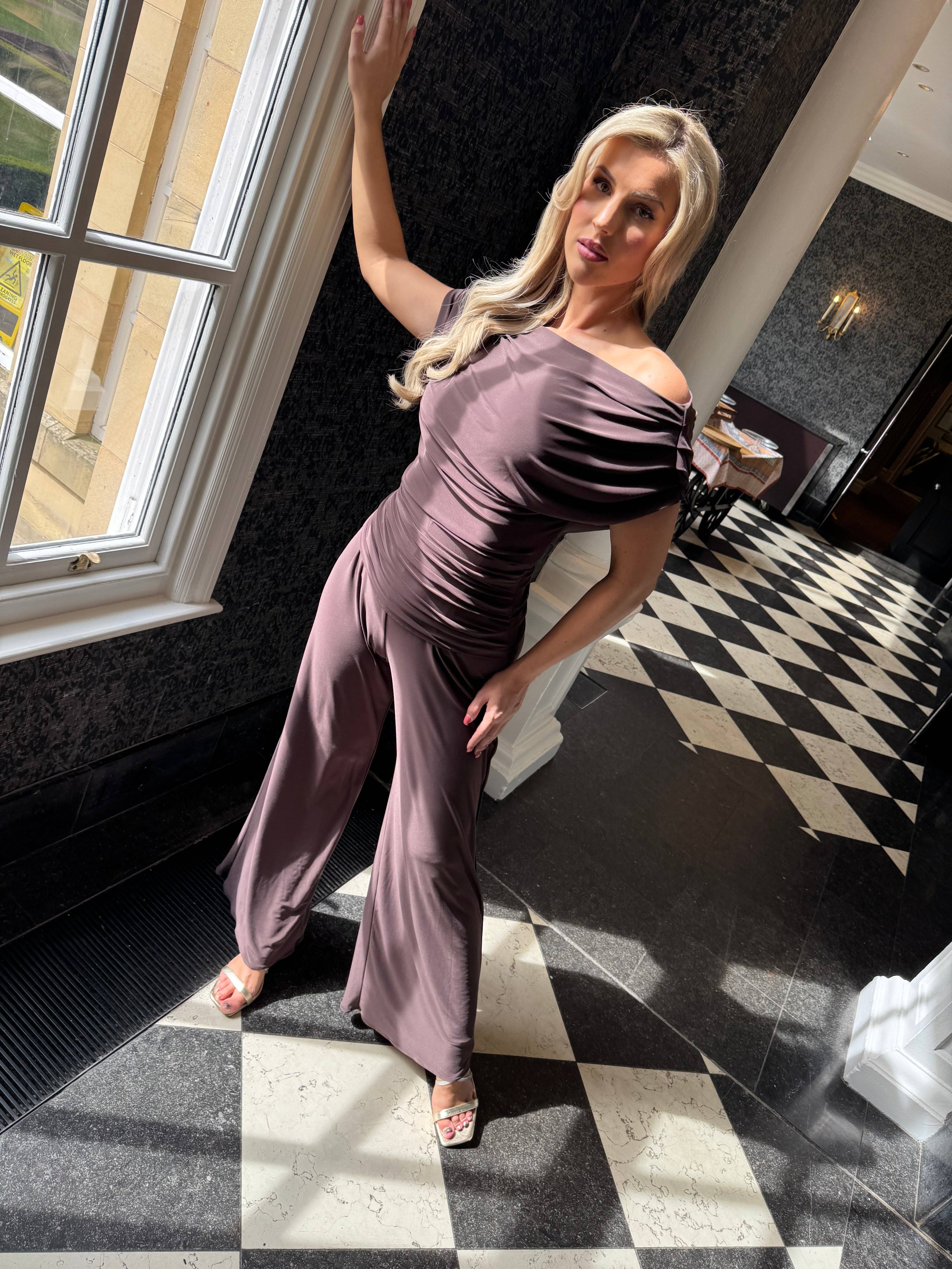 STOCK Carbon jumpsuit in chocolate for wholesale on Faire2