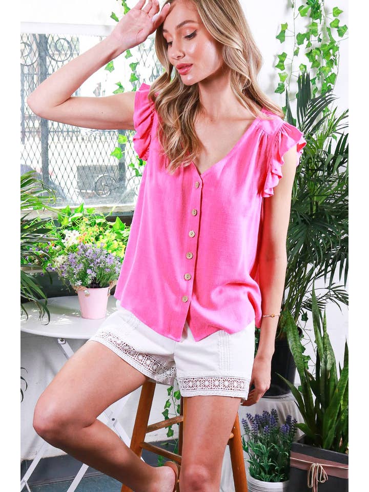 Vine & Love - Wholesale Blouse - Women's - V-Neck Sleeveless Ruffled Cotton Linen Top VT8168814