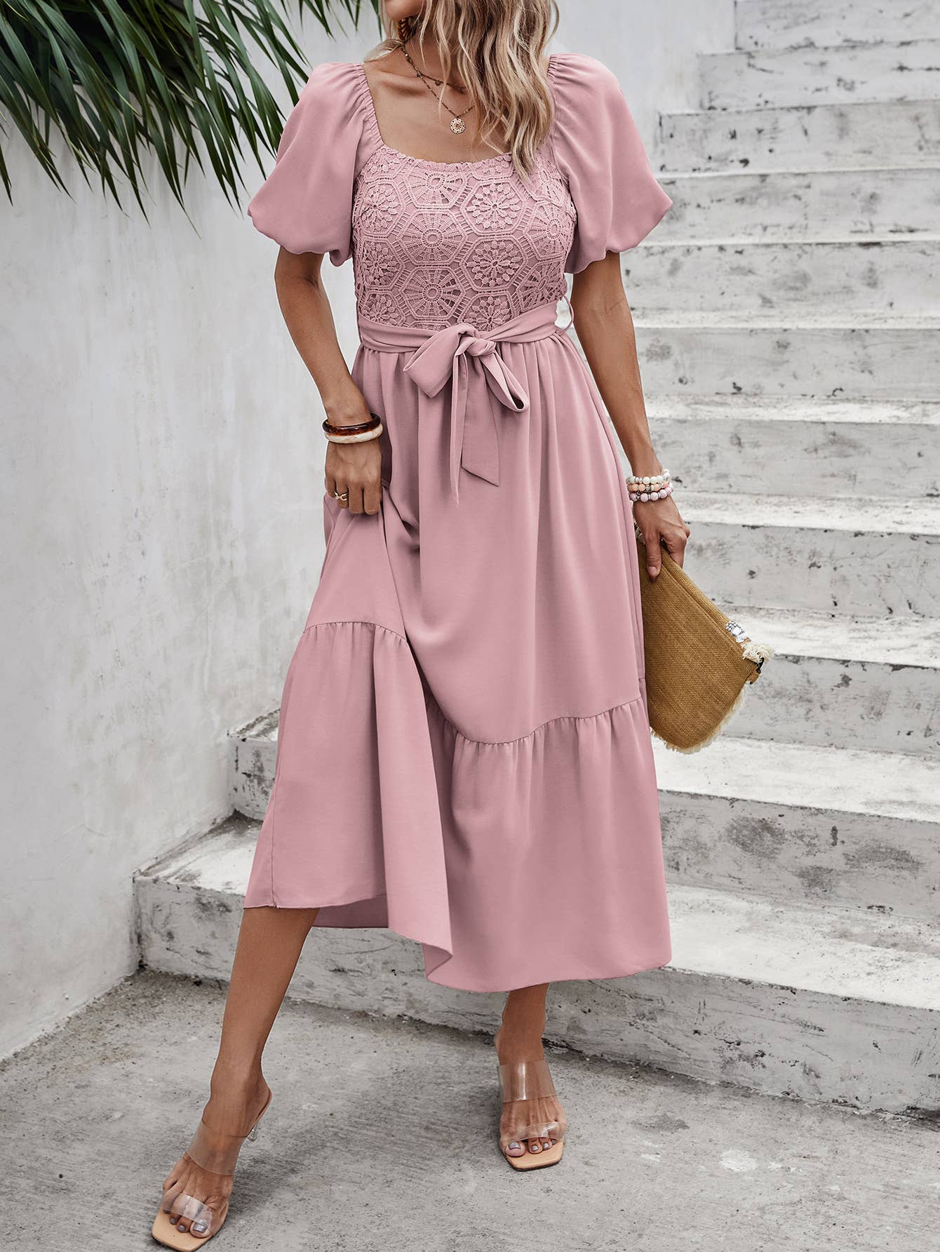 eLook - Wholesale Jurk - Dames - SZ1-DR1008 Midi-jurk met haakdetails en pofmouwen en riem29