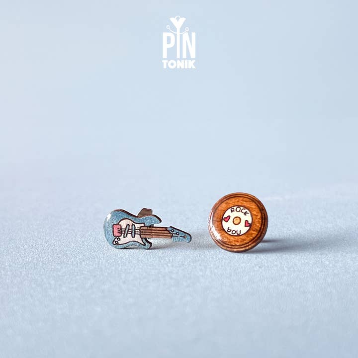 PinTonik - Wholesale Stud/Post Earrings - Electric Guitar & Vinyl Mismatched Earrings Music Gift5
