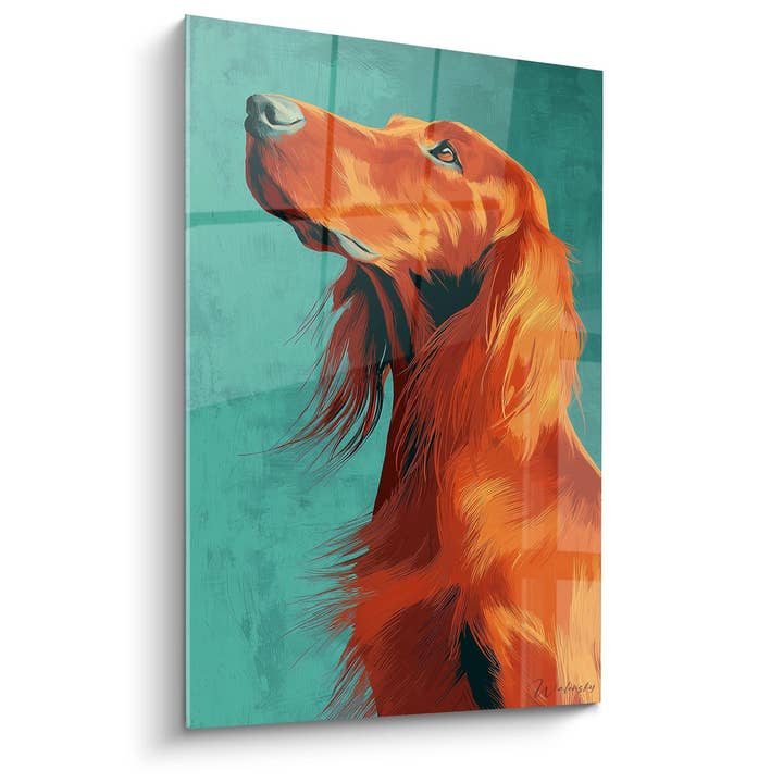 Setter Irlandés Rojo Levantando la Cabeza sobre Fondo Turquesa - Retrato Expresivo - Edición Setter Irlandés para venta al por mayor de Walensky