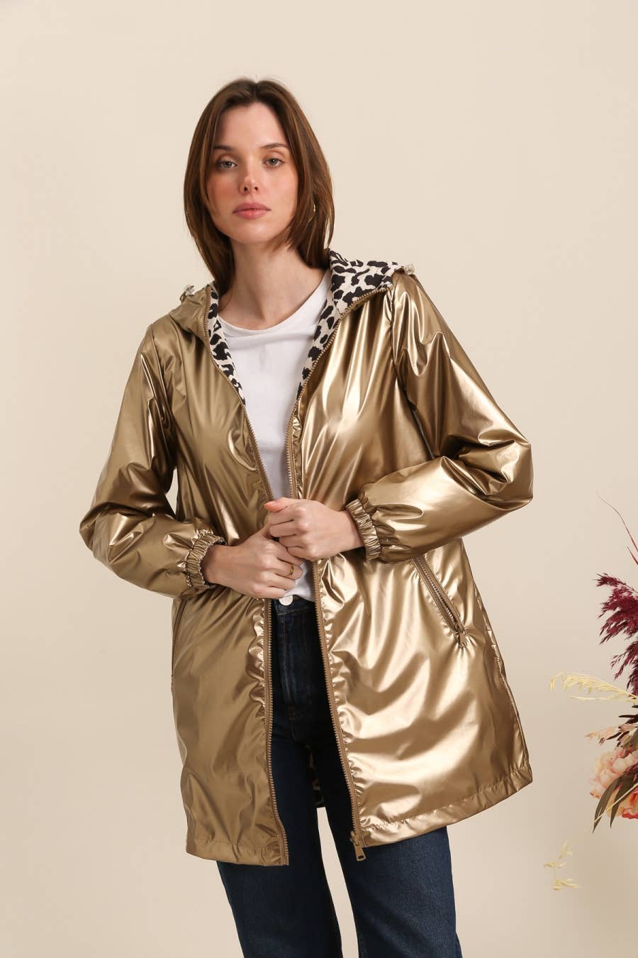 Attrait Paris - Vente Coupe-vent – femme - Coupe-vent réversible léopard mi-long à capuche0