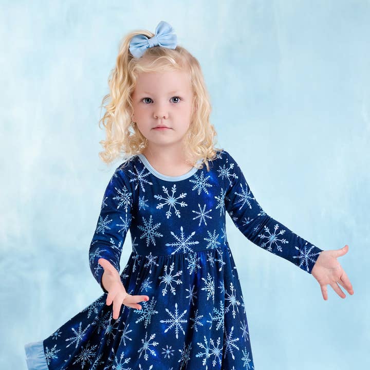 Icy Snowflakes | Toddler & Girls Bamboo Ruffle Twirl Dress for wholesale by Little Popp Crew