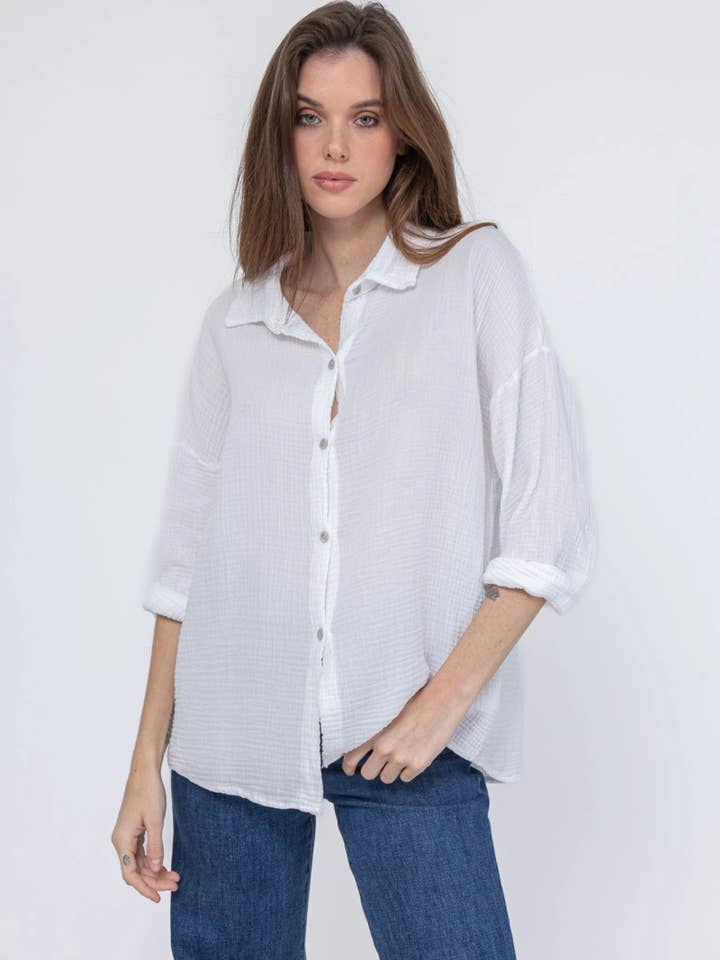 Mimi & Gogo - Wholesale Button Down Shirt - Women's - Plain cotton gauze shirt @10787_ChGazUni19