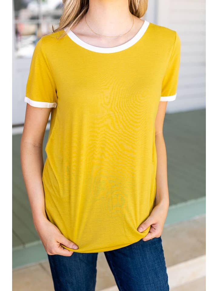 Yellow Trim It Down Short Sleeves Ringer T-Shirt, White And Mustard for wholesale on Faire2