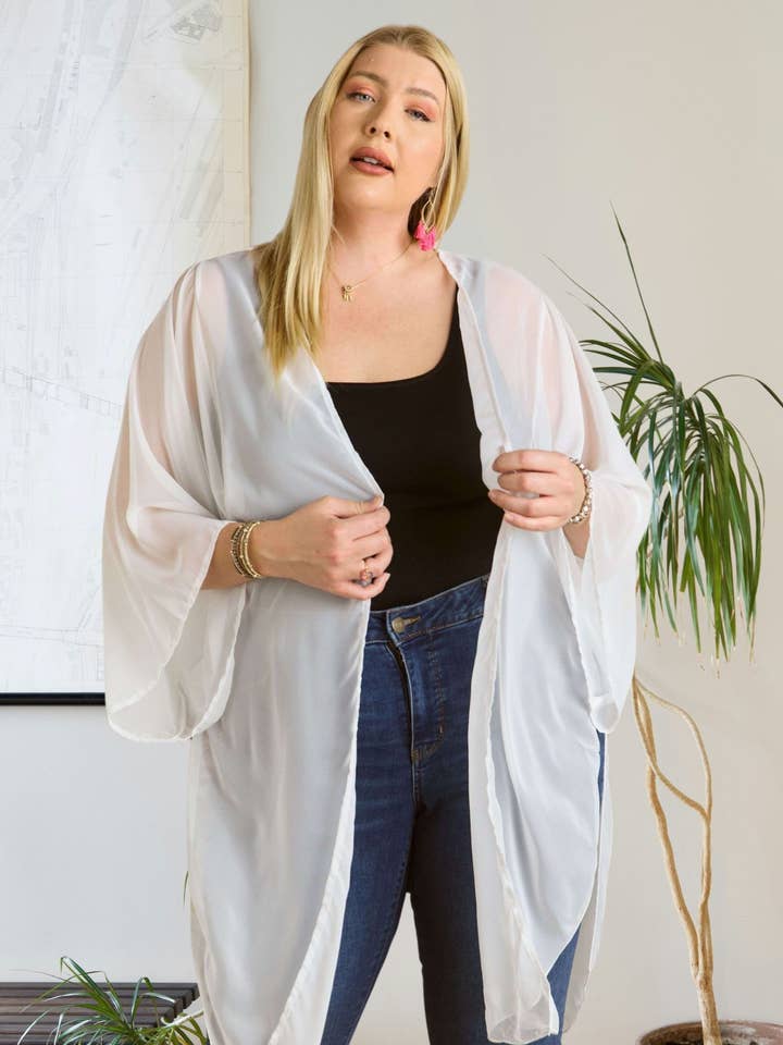 PLUS SIZE SOLID SHEER KIMONO SIDE-LYJ13385X for wholesale by Madelyn