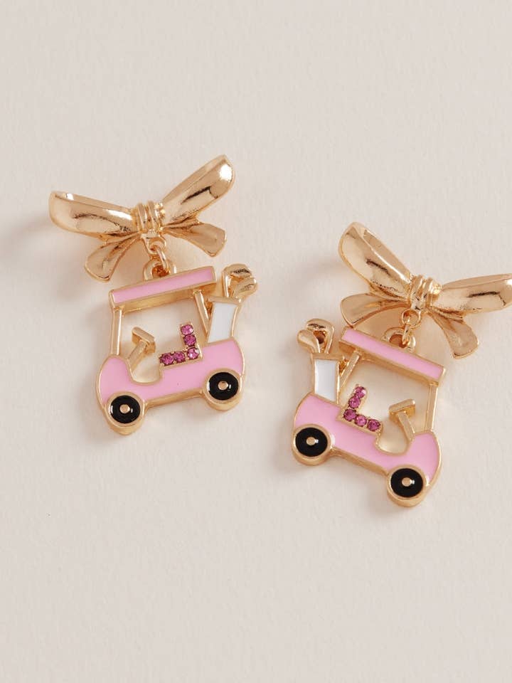 Golf Cart Earrings with Bow Game Day Jewelry for wholesale by Designature New York