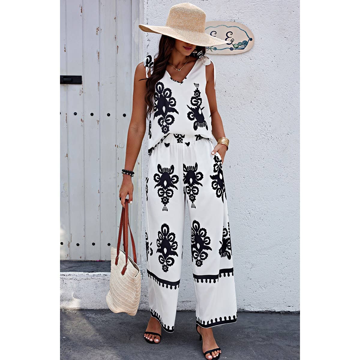 WHITE Floral Knot Shoulder Sleeveless Elastic Waist Sets for wholesale on Faire3