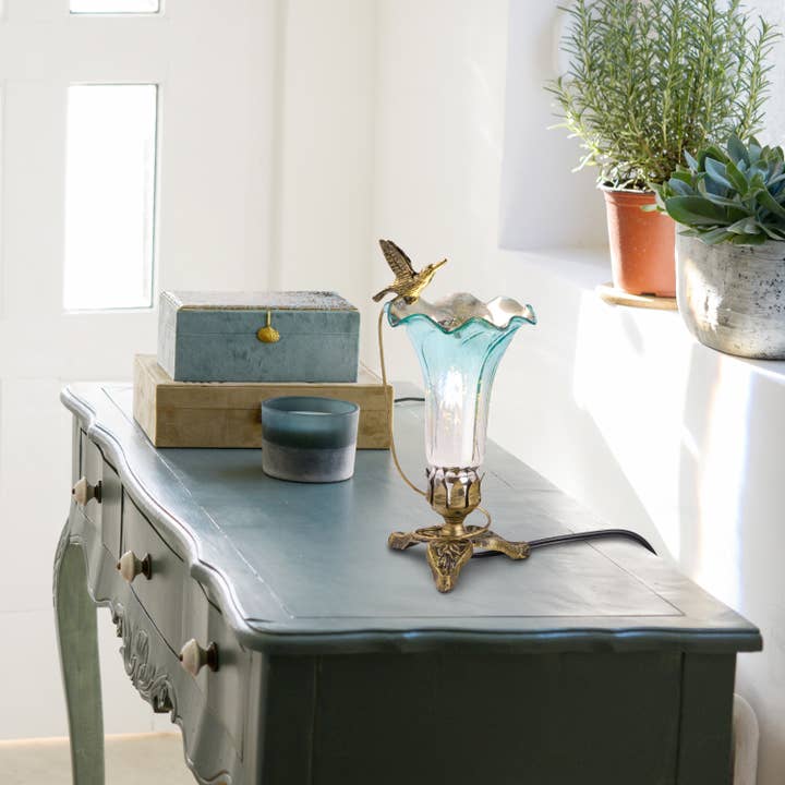 10.25"H Teal & Silver Mercury Hand Blown Glass Lily Lamp for wholesale by River of Goods