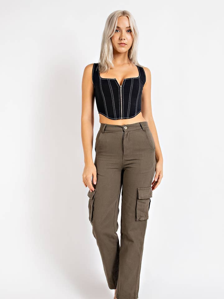 Ct2303 Zipper Front Crop Top W/ Stitch Detail for wholesale by Edit by Nine