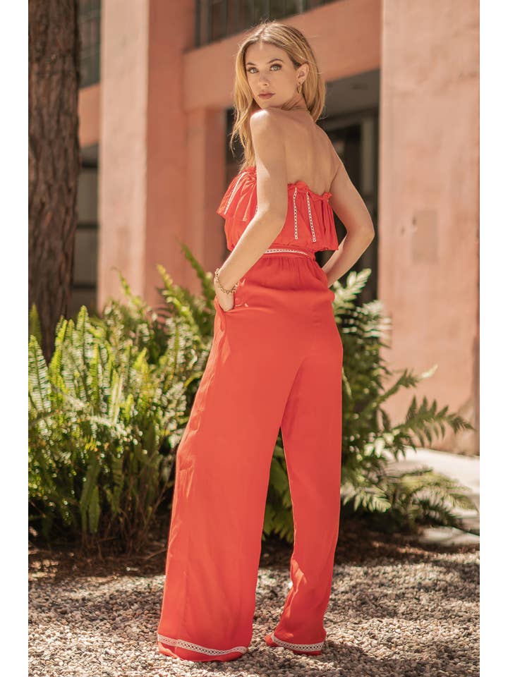 Strut & Bolt - Wholesale Jumpsuit - Women's - Crochet Lace Trim Strapless Ruffle Jumpsuit