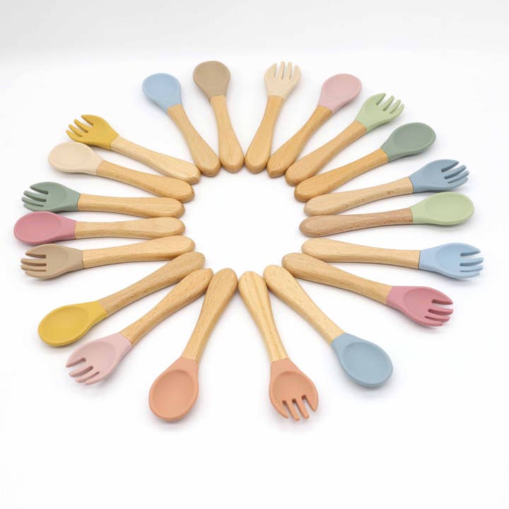 MyKids-USA® - Wholesale Flatware Set - Kids & Baby - Baby Food Grade Wooden Handles Silicone Spoon Fork Cutlery19