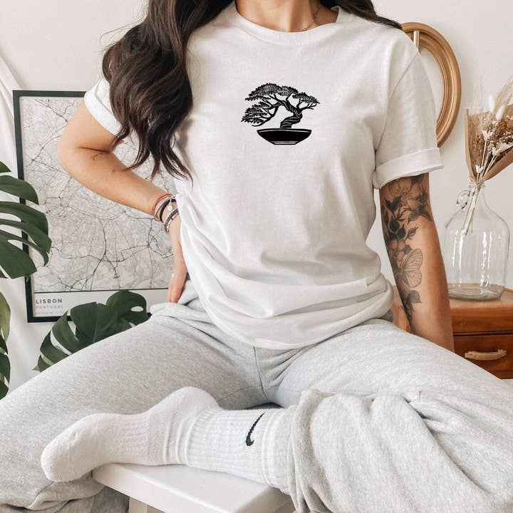 Bonsai t-shirt, hand printed UNISEX tshirt, Japanese tree print tee, minimalist fashion, unique gift, block print design, ethical fashion for wholesale by M.E. Image