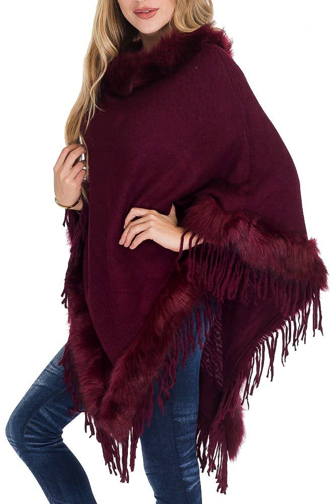 Cap Zone - Wholesale Poncho - Women's - Cable Printed Faux Fur Collar And Trimming Poncho6