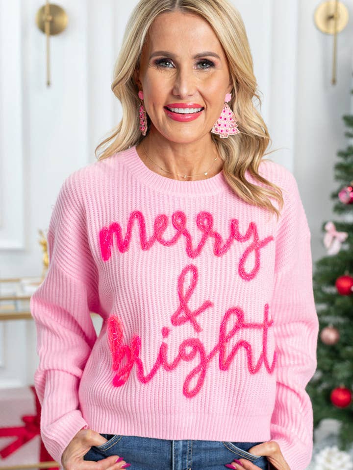 Pink Merry & Bright Pop Up Letter Waffle Knit Sweater for wholesale on Faire3