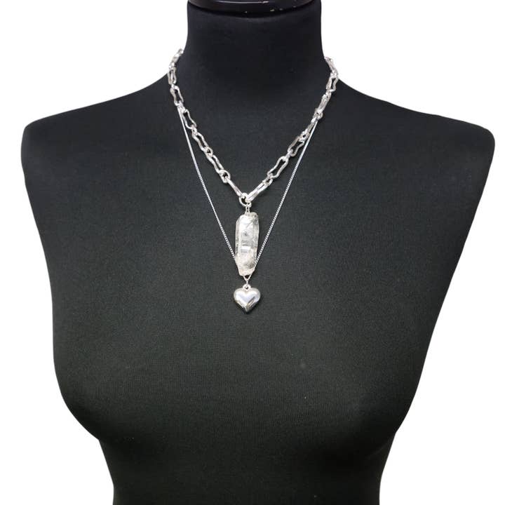 Layered Necklace in silver- with clear stone and heart NK392SW for wholesale by Jess & Lou