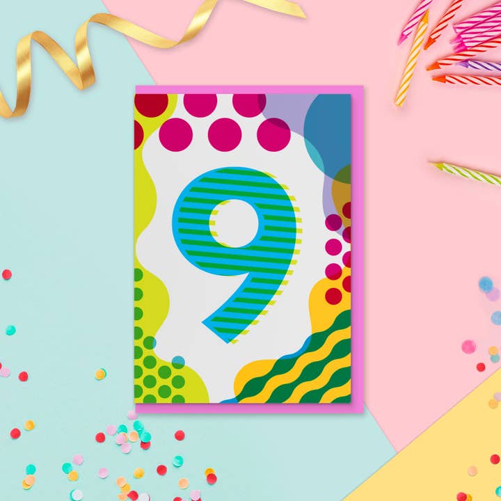 Age 9 Colourful Geometric Pattern Kids Birthday Card for wholesale by Jane Katherine Houghton Designs