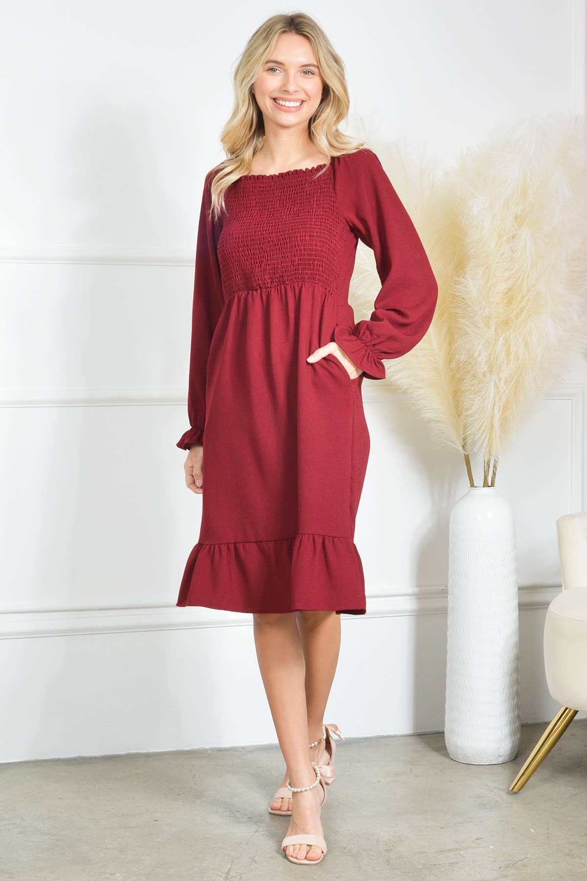 Loven x Mini Momo - Wholesale Dress - Women's - Smocking Dress Long Sleeve Ruffle Hem Smocking Crepe Midi5