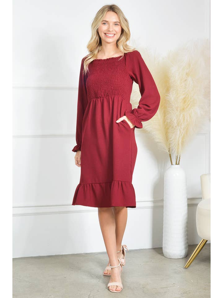 Mini Momo - Wholesale Dress – Women's - Smocking Dress Long Sleeve Ruffle Hem Smocking Crepe Midi5