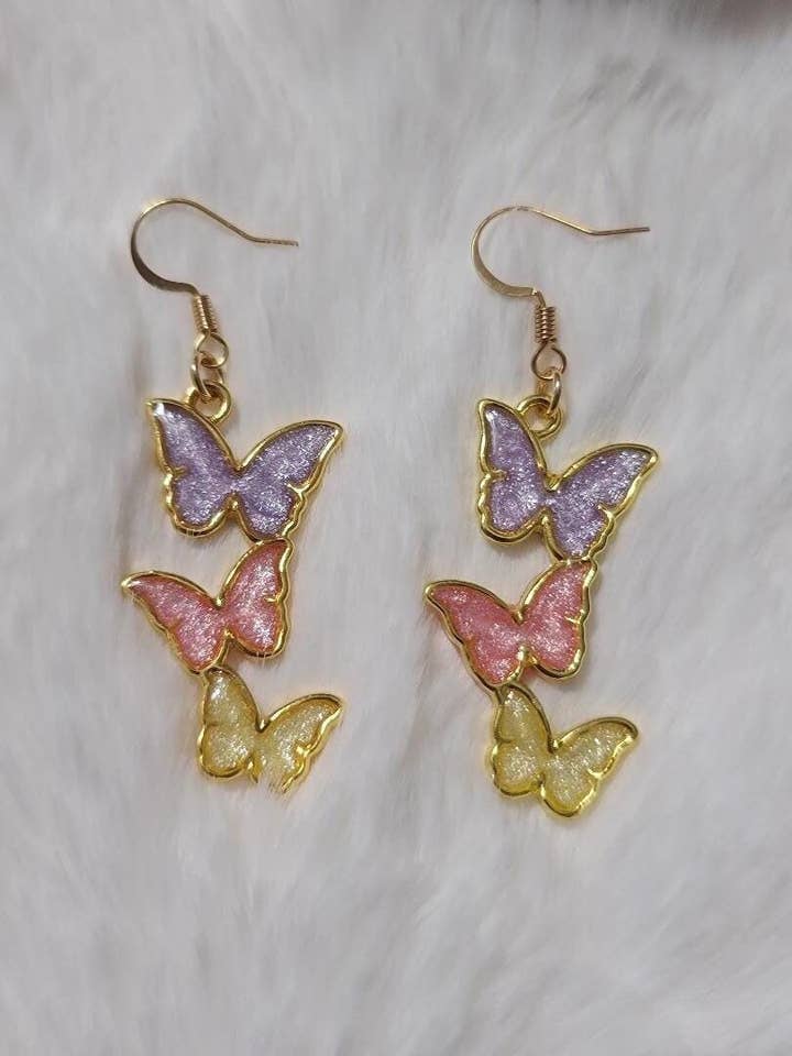 Sommerfugle Guld Øreringe i Lilla, Pink, Gul Håndlavet for engroshandel hos BabyGirl Creations
