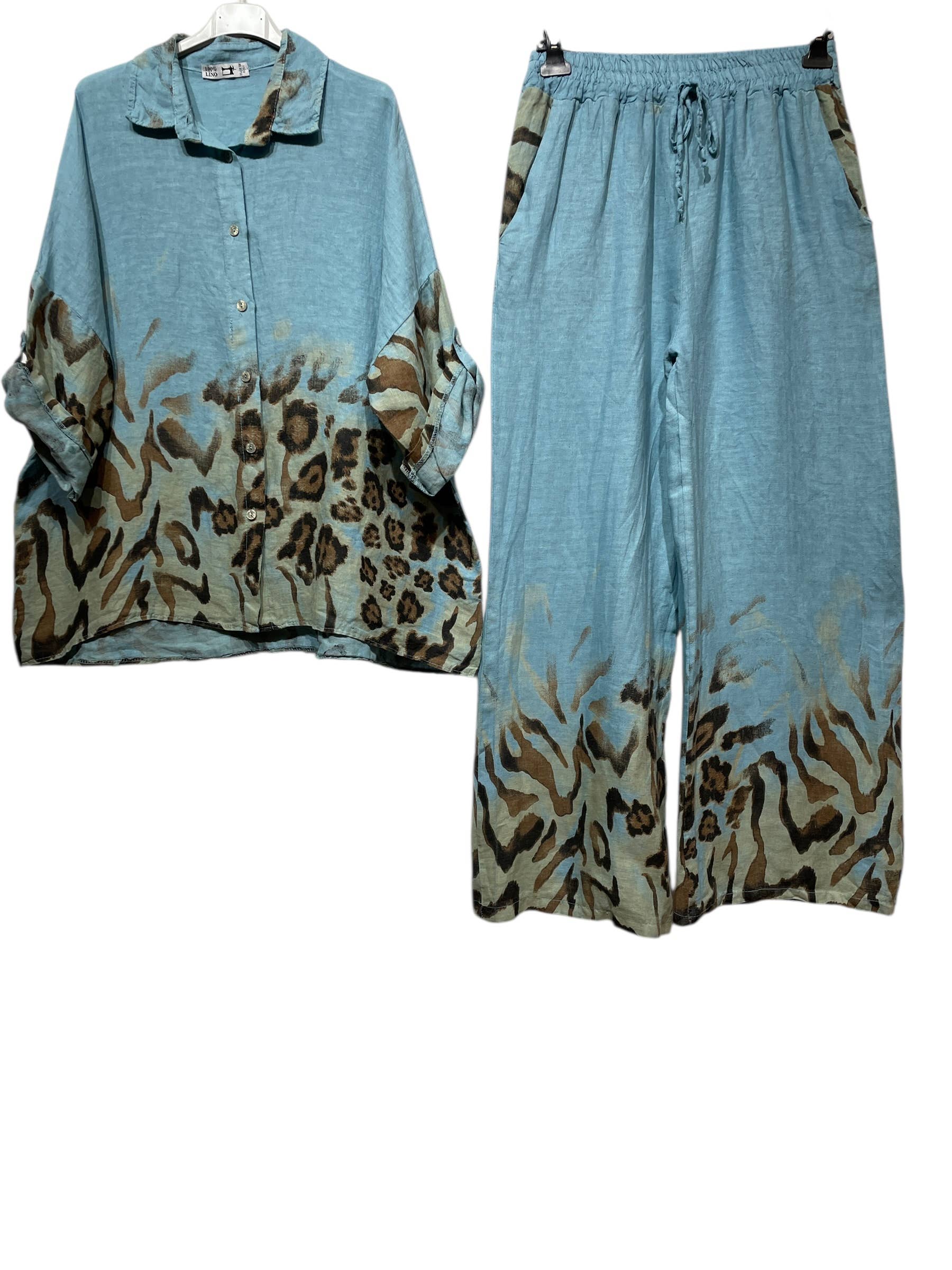 LINEN & COTTON HOUSE – Engroshandel Overdelssæt – til kvinder – Leopardmønstret hørskjorte og bukser sæt 09002 4840320
