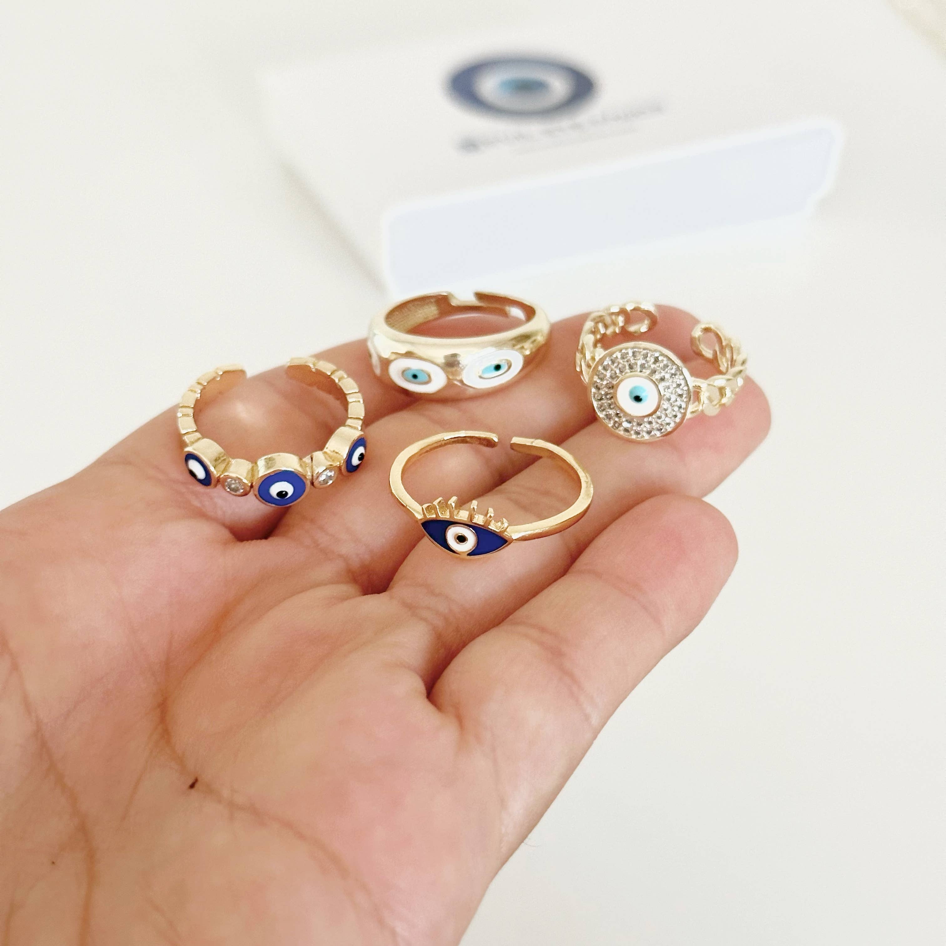 Evileyefavor - Wholesale Band/Stacked Ring - Gold Evil Eye Ring, Adjustable Stackable Ring, Blue Evil Eye