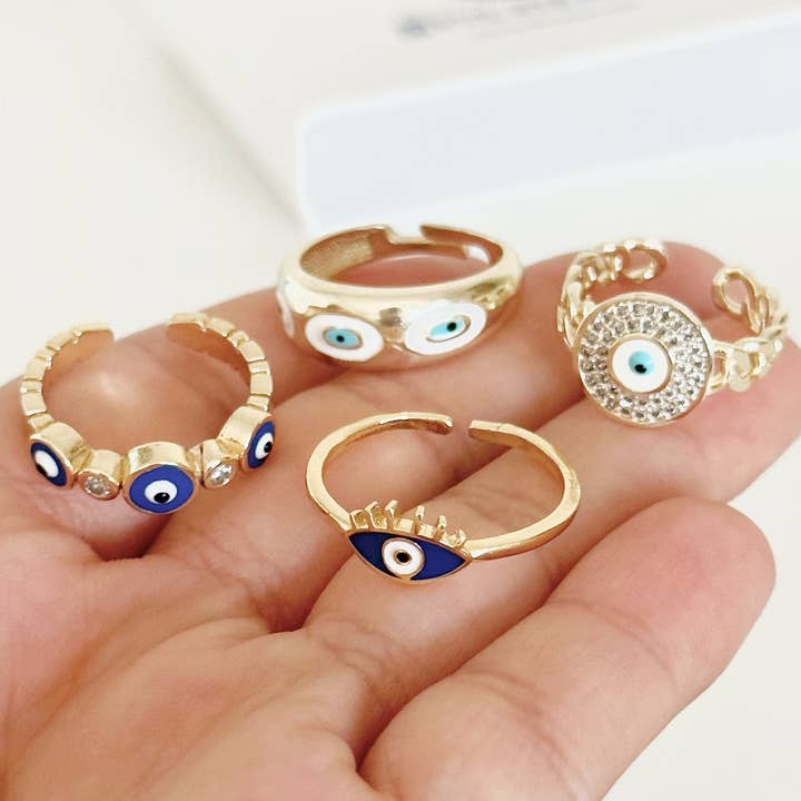 Evileyefavor - Wholesale Band/Stacked Ring - Gold Evil Eye Ring, Adjustable Stackable Ring, Blue Evil Eye0