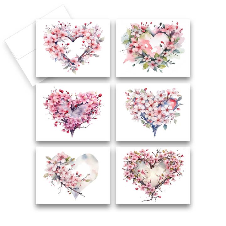 Assorted Floral Heart Greeting Cards, Set of 6, Blank Inside for wholesale by Aria Rae