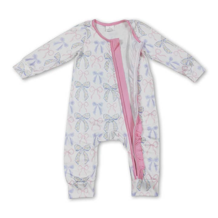 Yawoo Garments - Wholesale Jumpsuit - Baby - Long sleeves pink ruffle bow baby girls zipper romper1