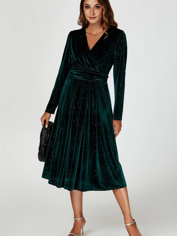Silver Sparkly Velvet Wrap Top Midi Dress In Green for wholesale by FS Collection (Germany)