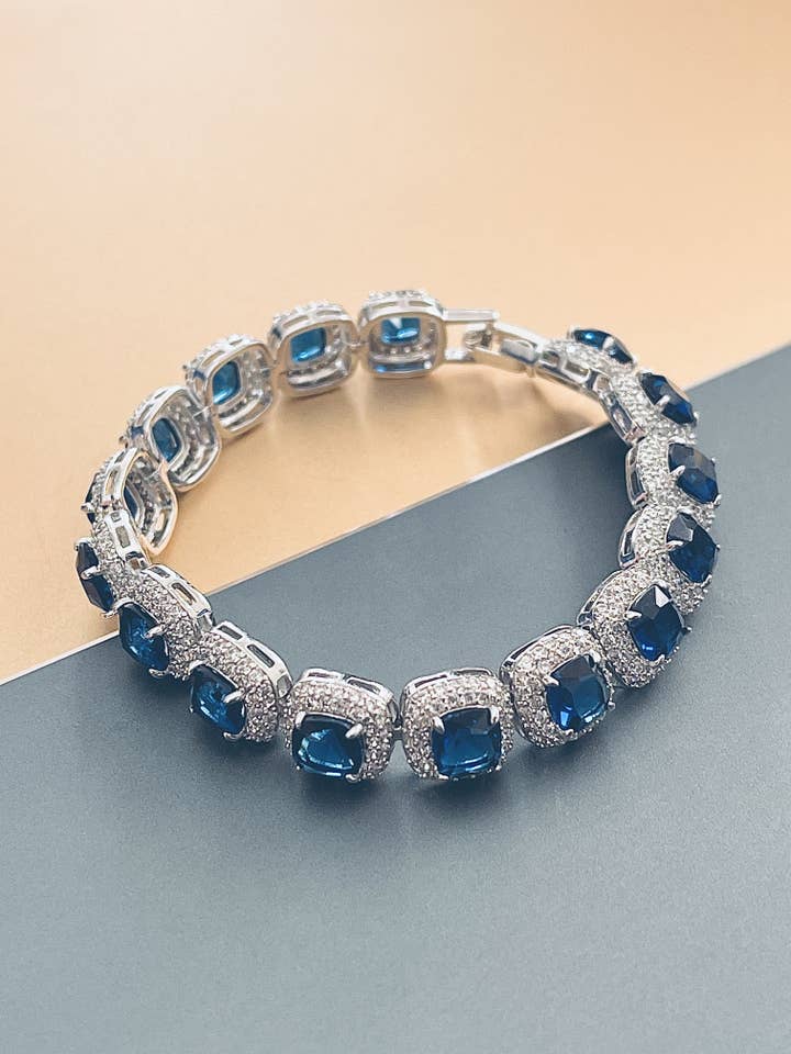 VENICE - 6.5" Large Sapphire Blue Czs in Rounded-Square Pave Setting Bracelet In Silver for wholesale by JohnnyB Jewelry