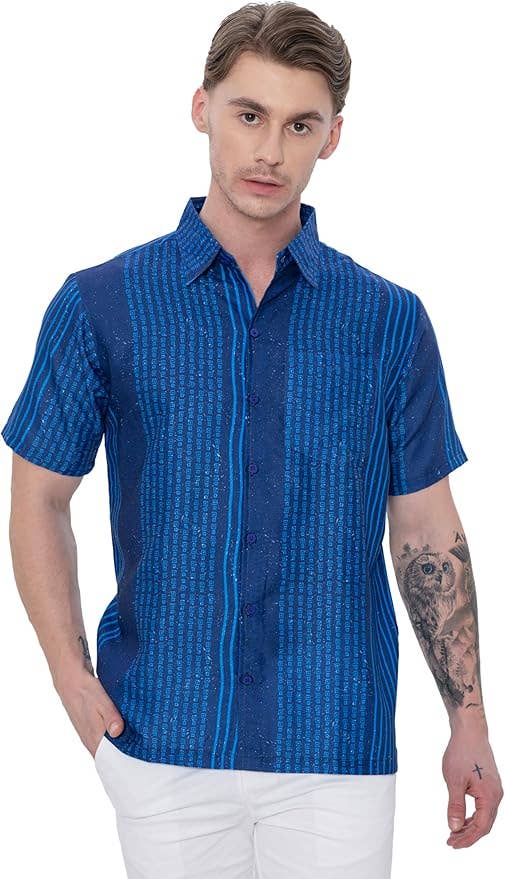Blue HAPPY BAY  Linen Effect Mens Shirts Red Stripes P00437 for wholesale on Faire0
