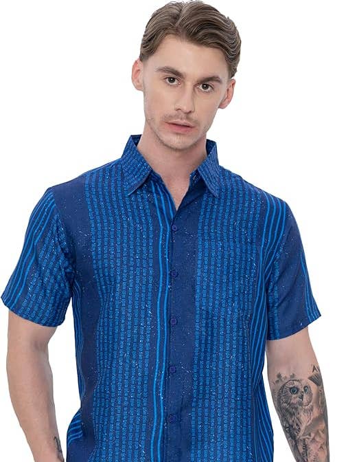 Blue HAPPY BAY Linen Effect Mens Shirts Red Stripes P00437 for wholesale on Faire0