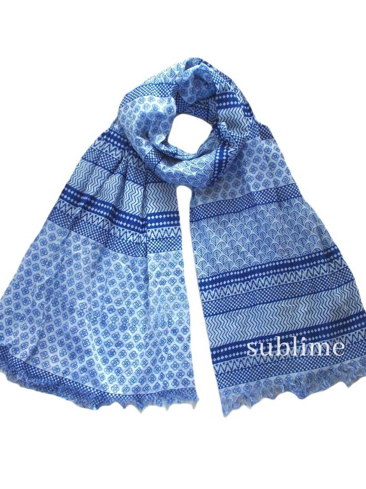 Zentangle Patterns Printed Soft Organic Cotton Scarf - Blue for wholesale by Sublime