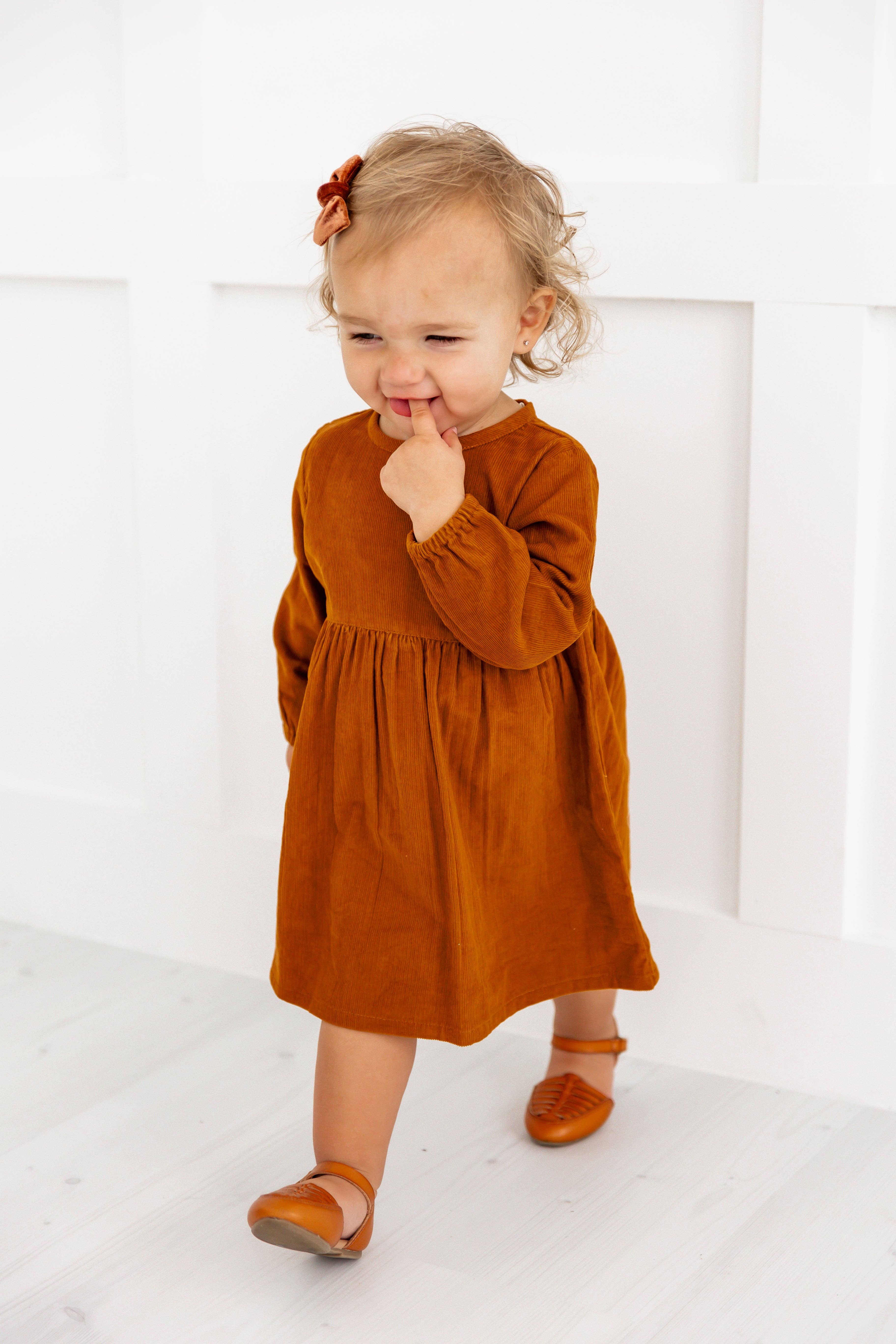 Yo Baby - Wholesale Dress - Kids - Rust Corduroy Solid Color Long Sleeves Gathered Dress11