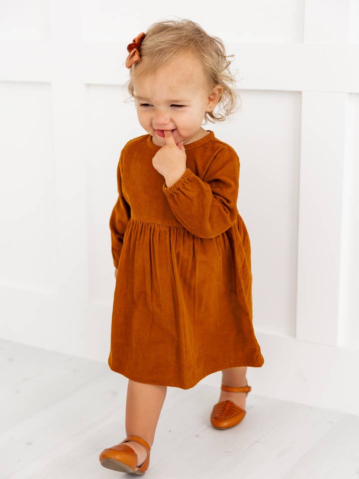 Yo Baby - Wholesale Dress - Kids - Rust Corduroy Solid Color Long Sleeves Gathered Dress11