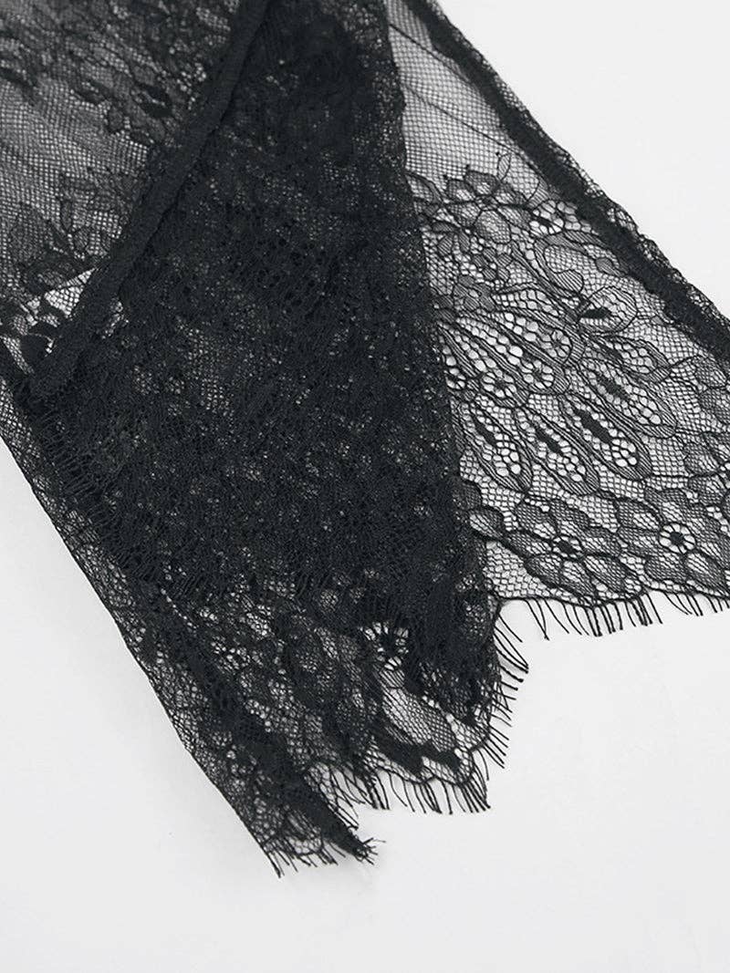BLACK Sheer Lace Asymmetrical Long-Sleeve Top for wholesale on Faire4