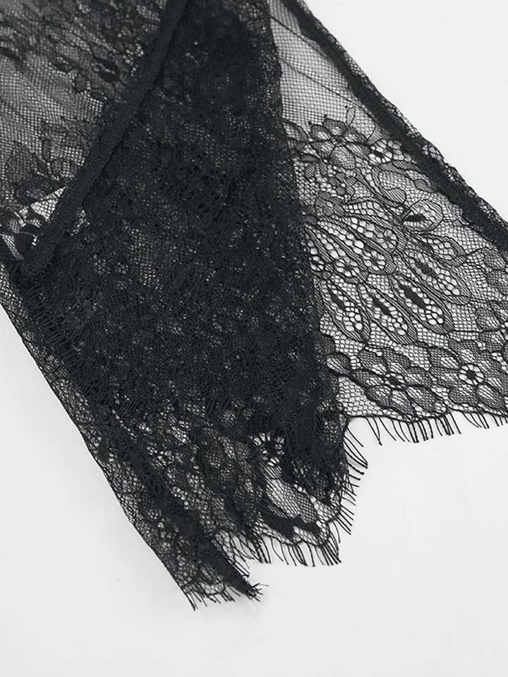 BLACK Sheer Lace Asymmetrical Long-Sleeve Top for wholesale on Faire4