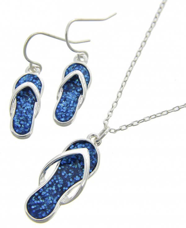 0011 PREMIERE – wholesale Jewellery set – FR2876 Glitter_Blue Flip Flop Necklace Set