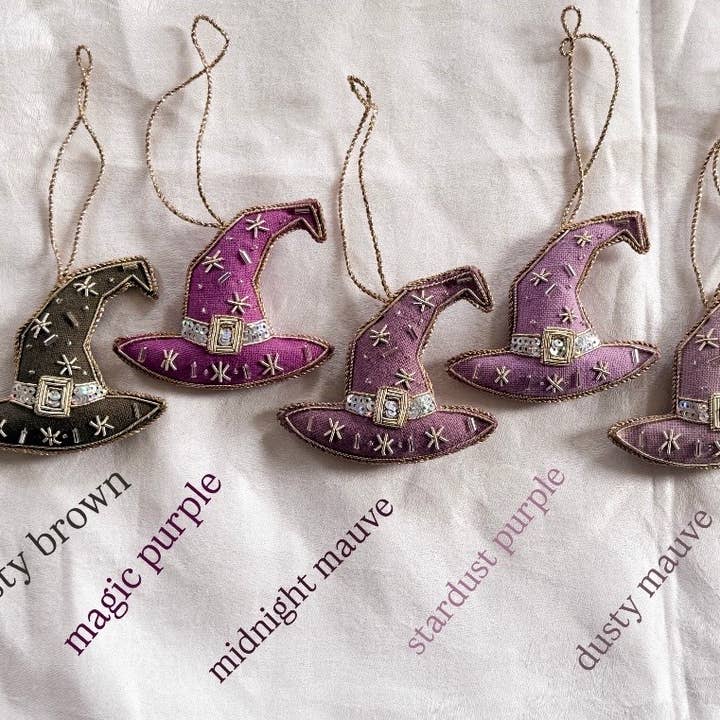 Katie Larmour Linen – wholesale Ornament – Midnight Mauve Purple Handmade Witches Hat Linen Halloween0