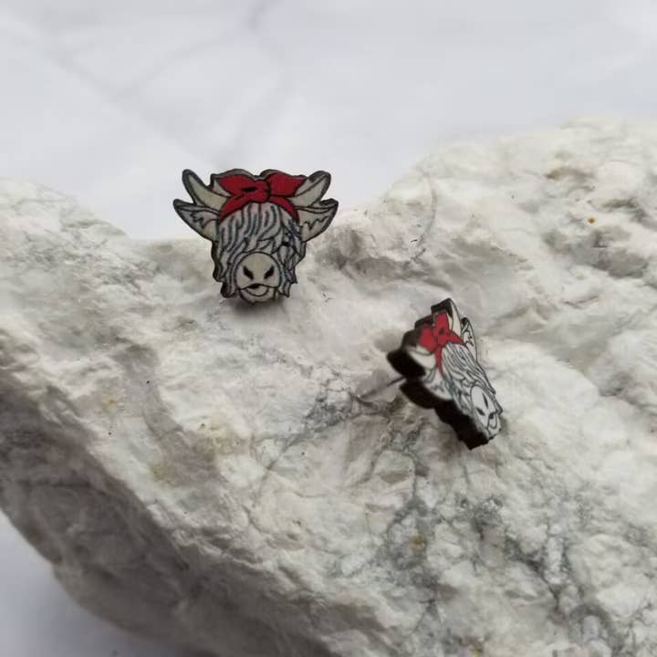 The Pretty Jewellery - Wholesale Stud/post earrings - Highland Cow Stud Earrings - Wooden1