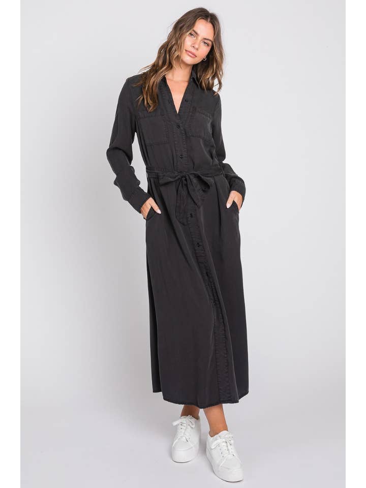 BLACK Denim Midi Shirt Dress-Black for wholesale on Faire