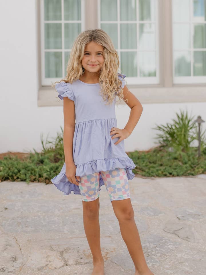 Adorable Sweetness - Wholesale Top & Short Set - Kids - Girls Periwinkle Ruffle Hi-Lo Retro Check Spring Short Set