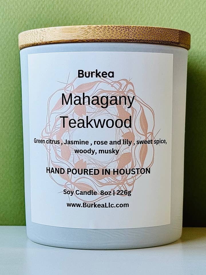 Mahagany Teakwood 8oz Soy Candle for wholesale by Burkea llc