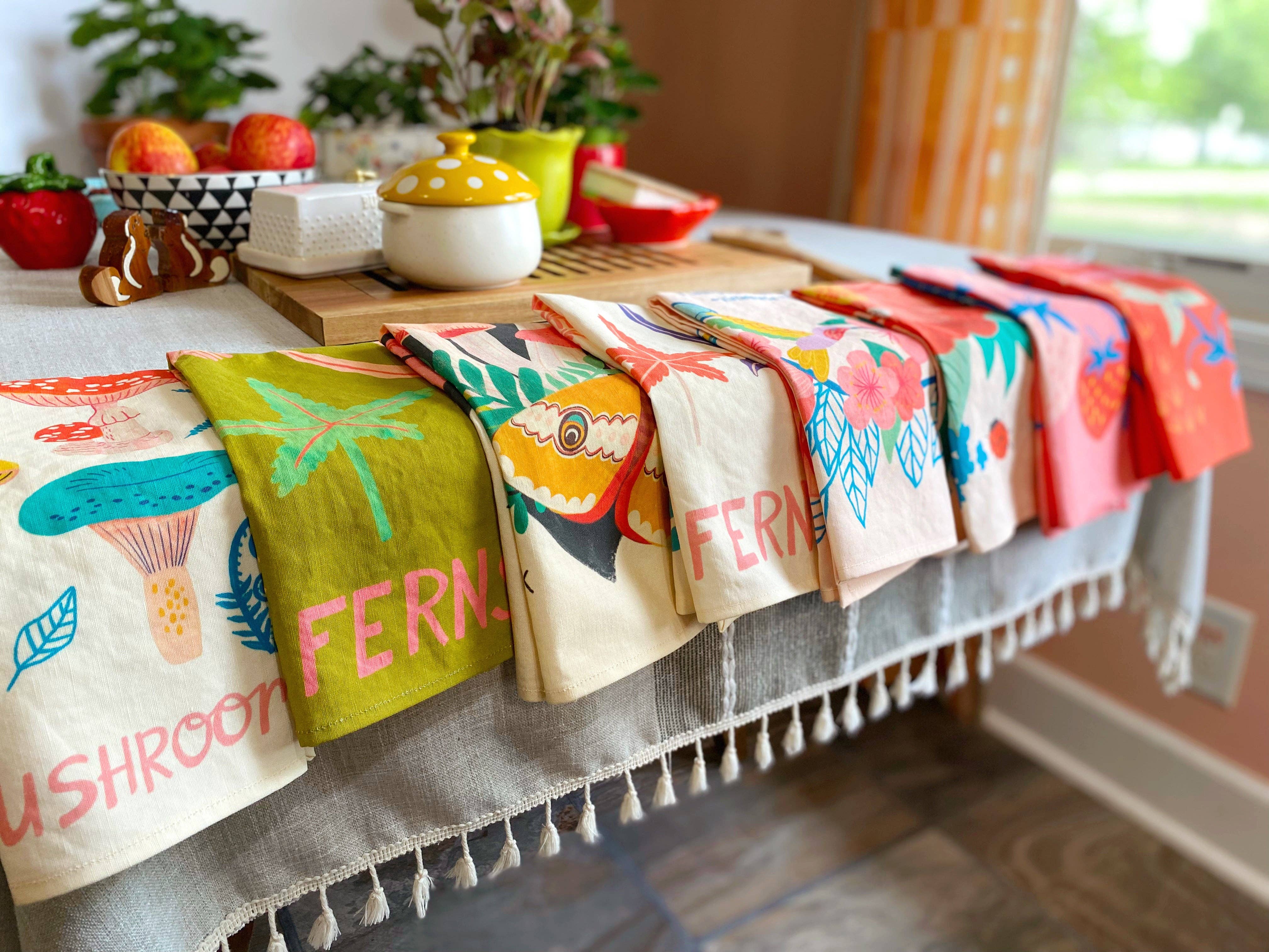 Dream Folk Studio – Engroshandel Viskestykke – Lyserøde og grønne bregner i hør-bomulds håndlavet viskestykke1