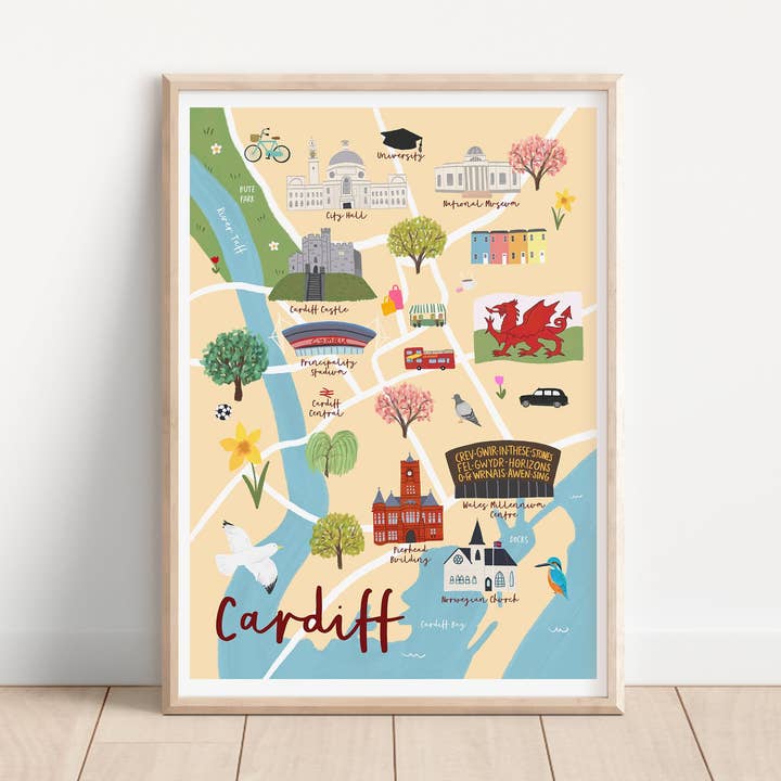 Cardiff Illustrated Map Art Print for wholesale by Sarah Frances
