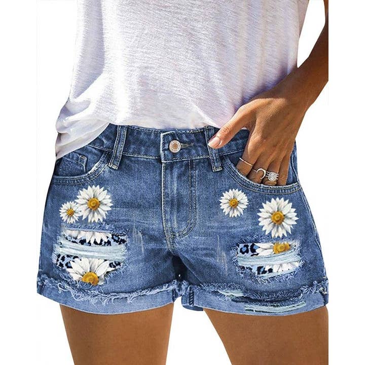 BLUE Distressed High-Waisted Floral Denim Shorts for wholesale on Faire