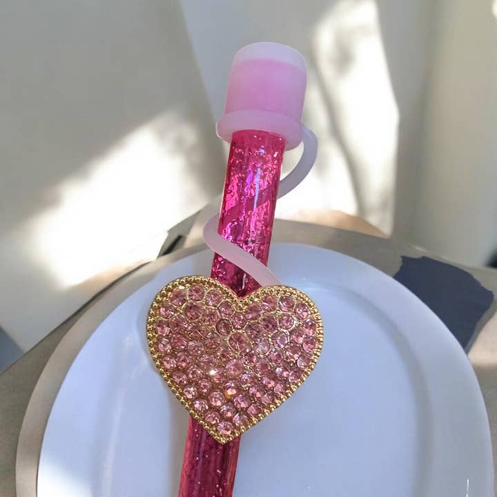Pink Gold Bling Heart - Silicone Straw Topper 10mm for wholesale by Olive Lane Accessories