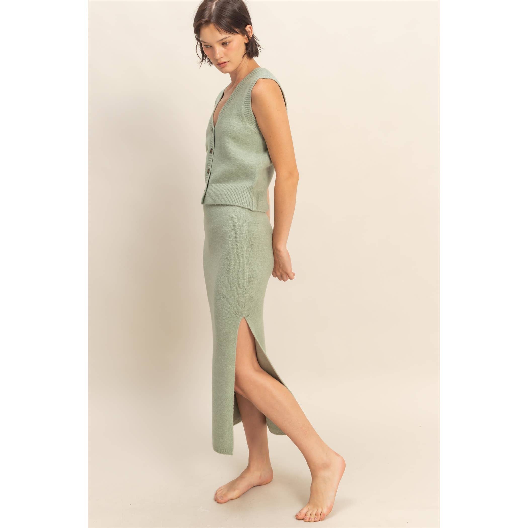 Double Zero - Wholesale Top & Skirt Set - Women's - Button Front Vest & Midi Skirt Knit Set16