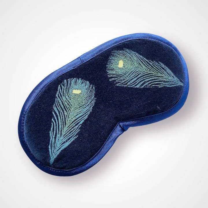 Midnight velvet Peacock Feathers lavender infused eye mask for wholesale by Raina Atelier
